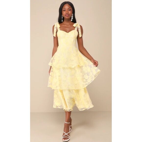 Lulus Glamorous Sweetie Dress Yellow Floral Bustier Midi - Picture 1 of 9
